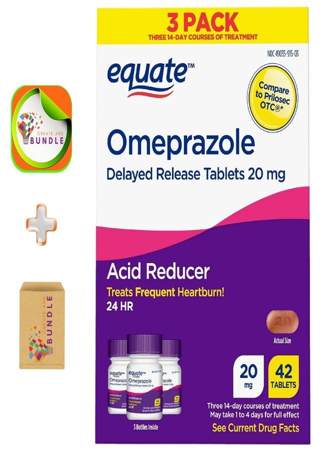 Create and Bundle Equate Omeprazole 20 mg Acid Reducer, Delayed Release Tablets, 42 Count - Effective Heartburn Relief for Up to 24 Hours + Create Sticker - Image 1